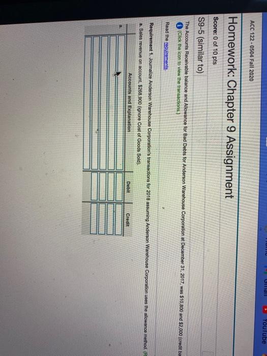  Ulllll YouTube ACC 122-0504 Fall 2020 Homework: Chapter 9 Assignment Score: