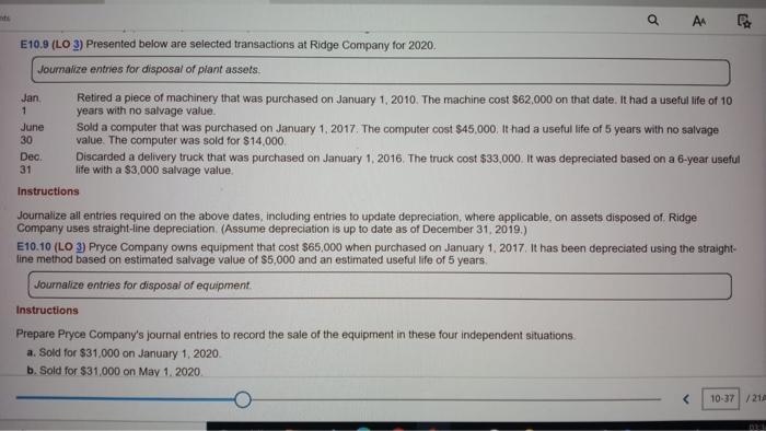  a 1 An E10.9 (LO 3) Presented below are selected transactions