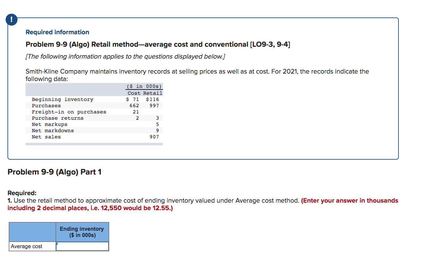  ! Required information Problem 9-9 (Algo) Retail method-average cost and conventional