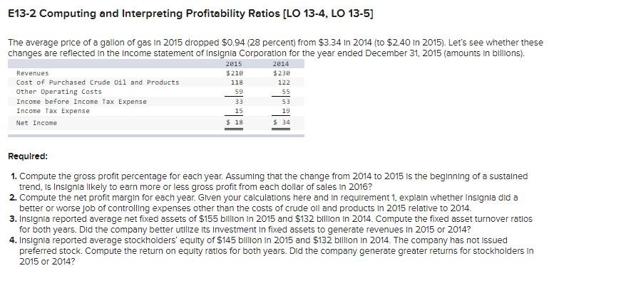  E13-2 Computing and Interpreting Profitability Ratios [LO 13-4, LO 13-5] The