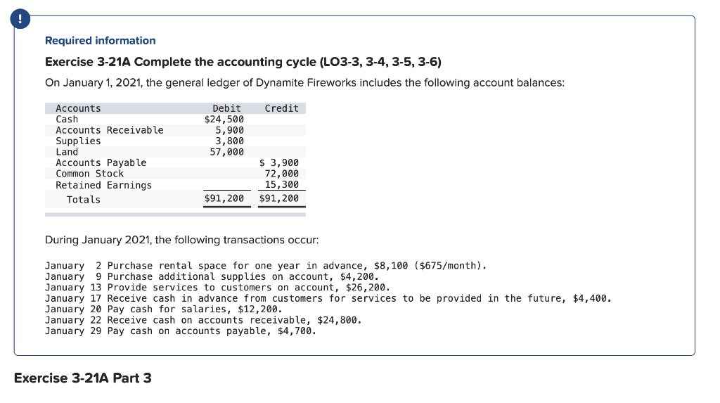 ! Required information Exercise 3-21A Complete the accounting cycle (LO3-3, 3-4,