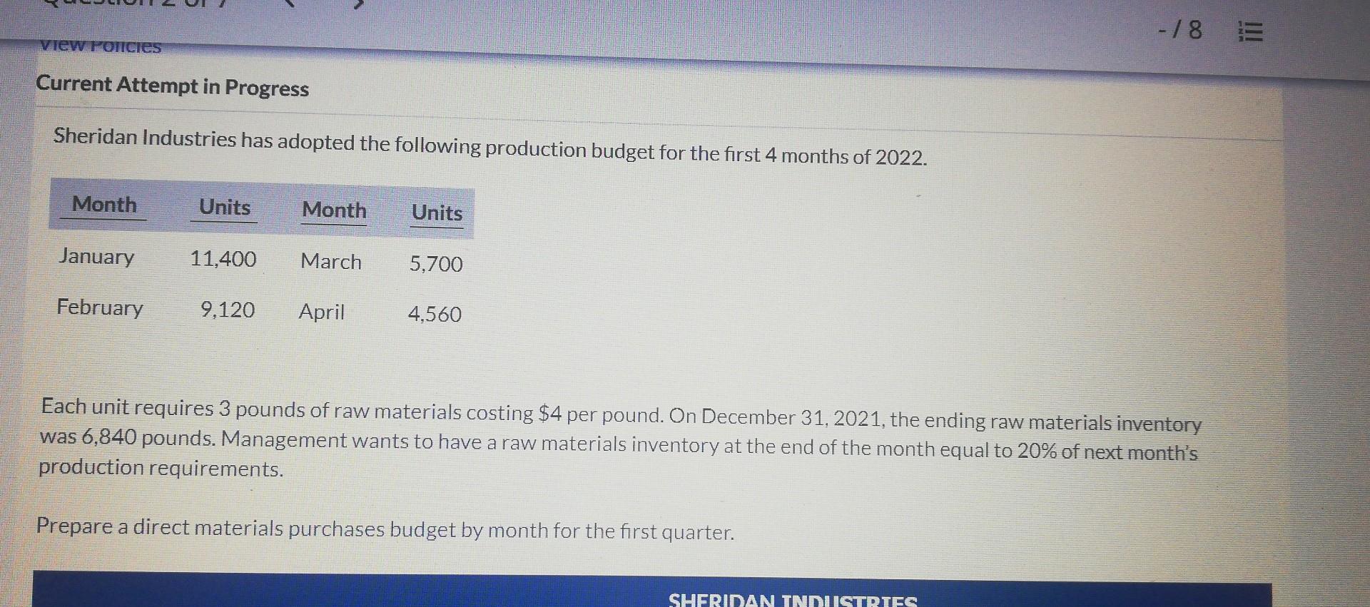  -78 E view Policies Current Attempt in Progress Sheridan Industries has