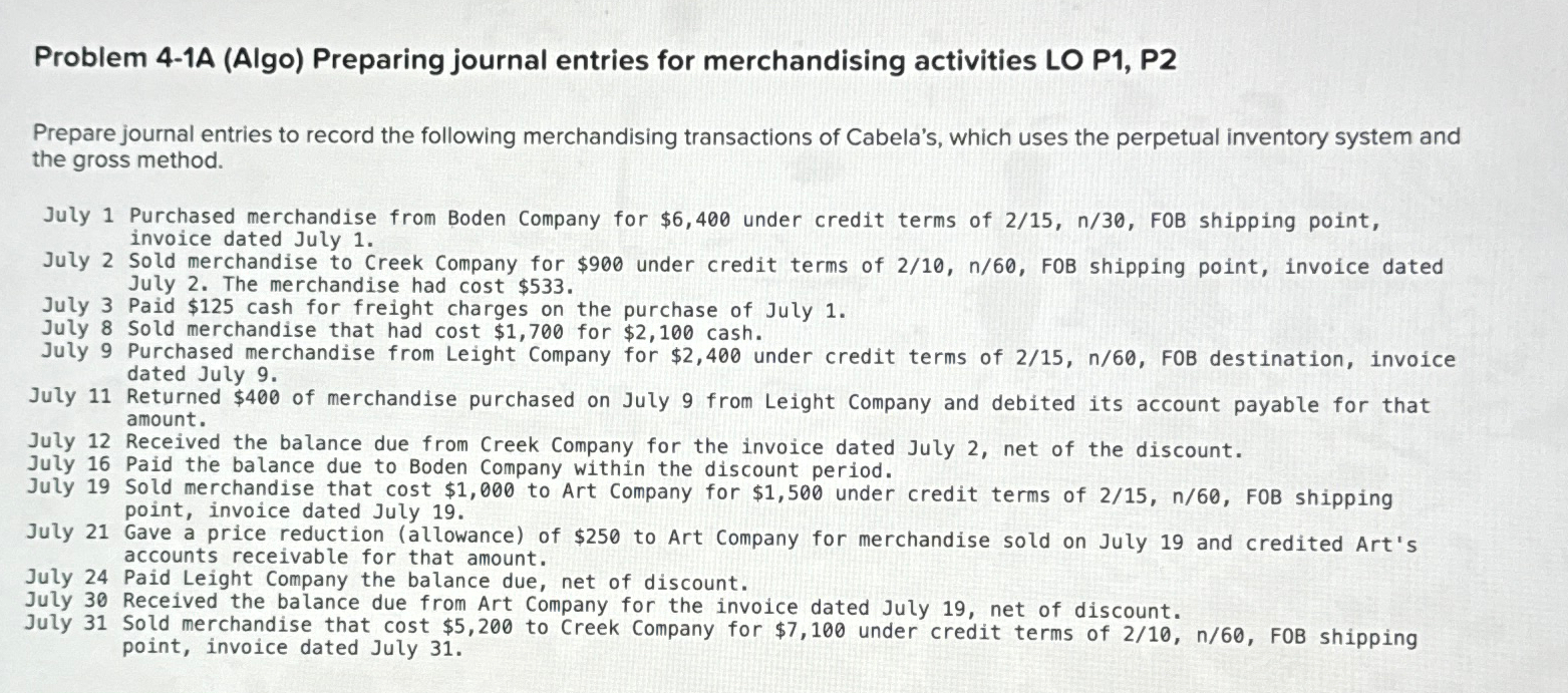  Problem 4-1A (Algo) Preparing journal entries for merchandising activities LO P1,