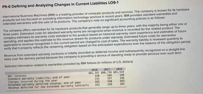  P9-6 Defining and Analyzing Changes in Current Liabilities L09-1 International Business