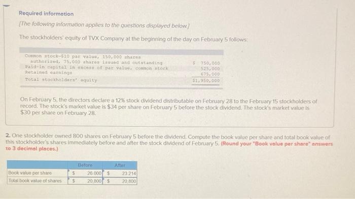 to the questions displayed below.) The stockholders' equity of TVX Company at
