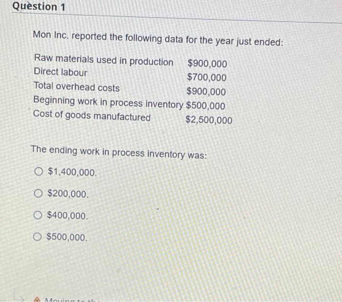  Question 1 Mon Inc. reported the following data for the year