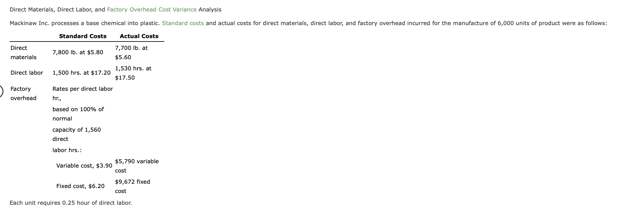 Direct Materials, Direct Labor, and Factory Overhead Cost Variance Analysis Mackinaw