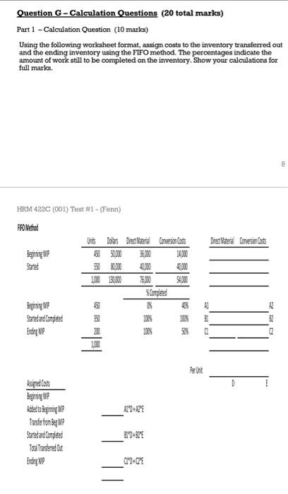  Question G - Calculation Questions (20 total marks) Part 1 -