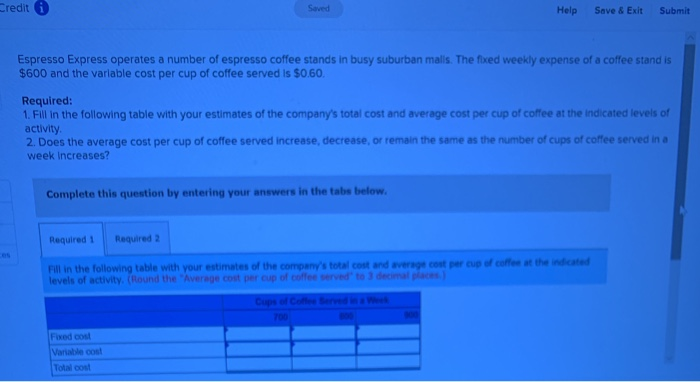  Credit Saved Help Save & Exit Submit Espresso Express operates a