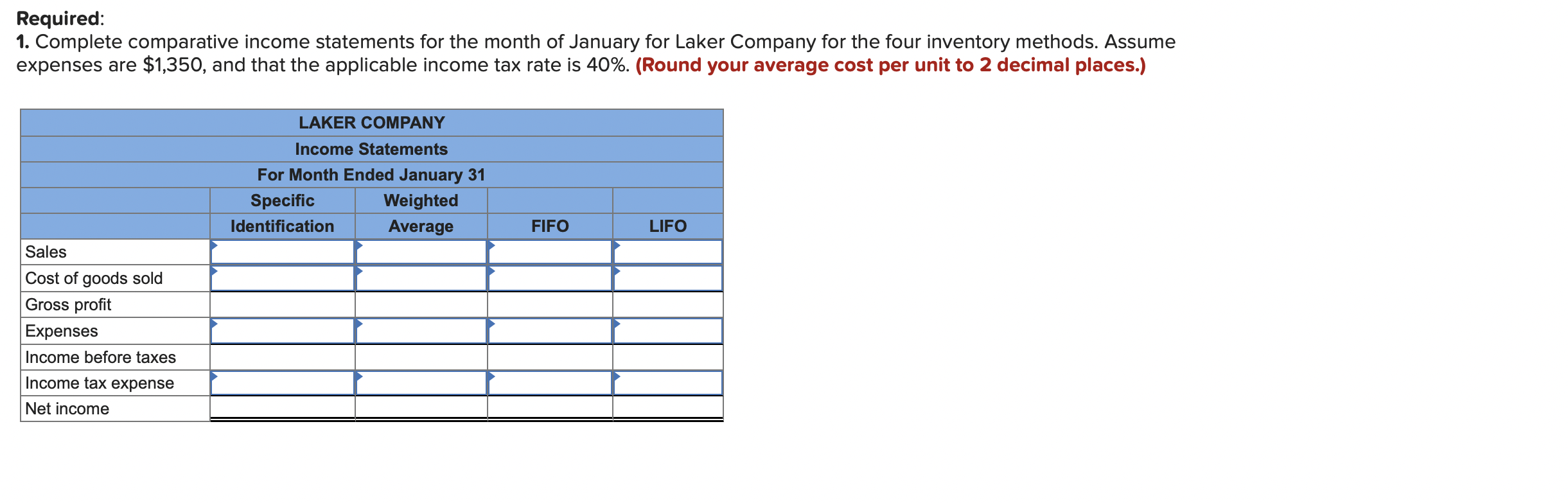 applies to the questions displayed below.] Laker Company reported the following January