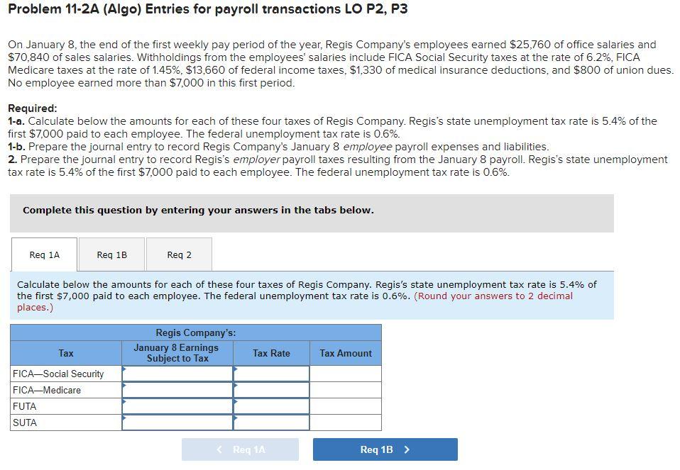 Problem 11-2A (Algo) Entries for payroll transactions LO P2, P3 On