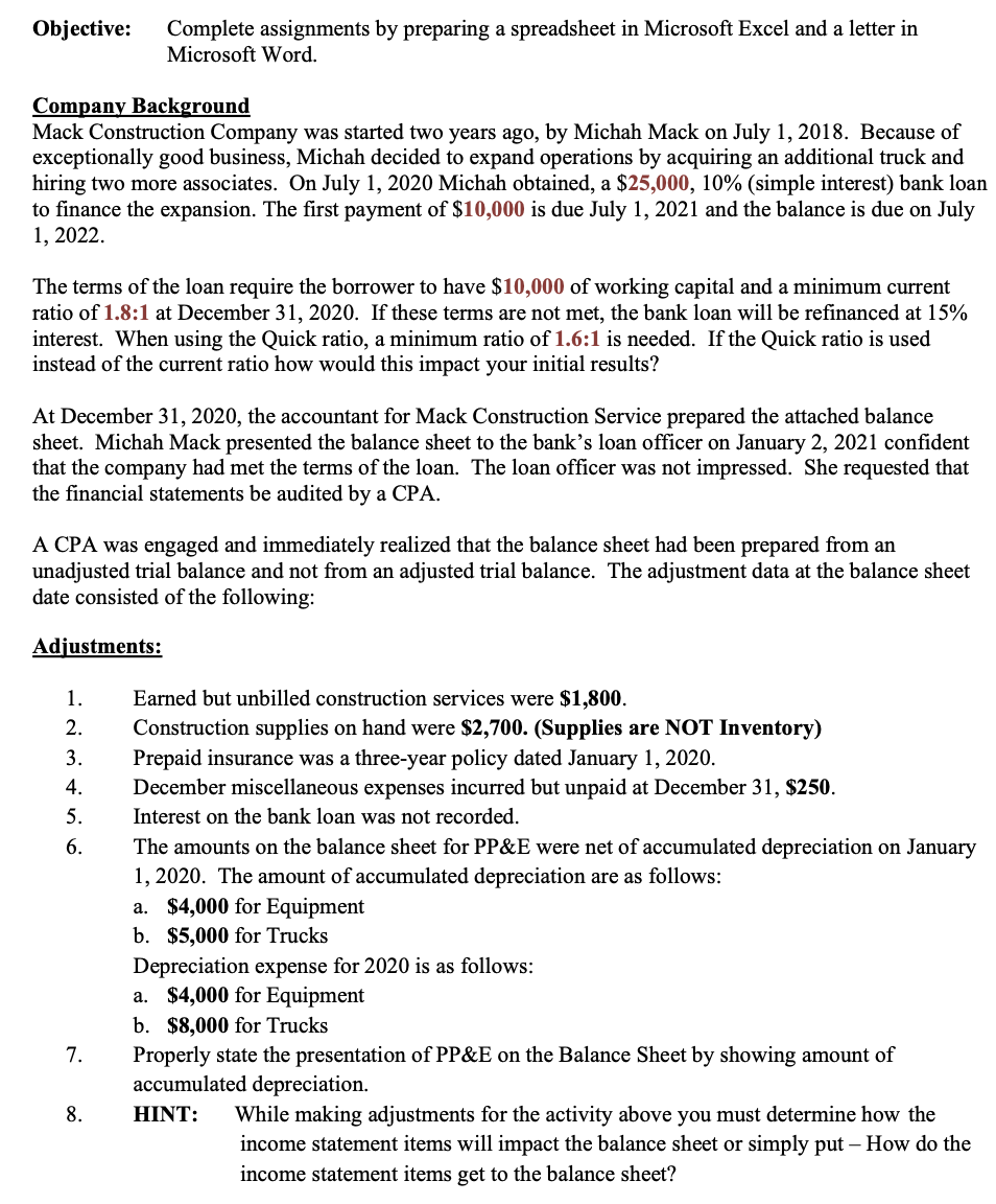 1 Mack Construction Service Balance Sheet December 31, 2020 6,500 9,000 5,200