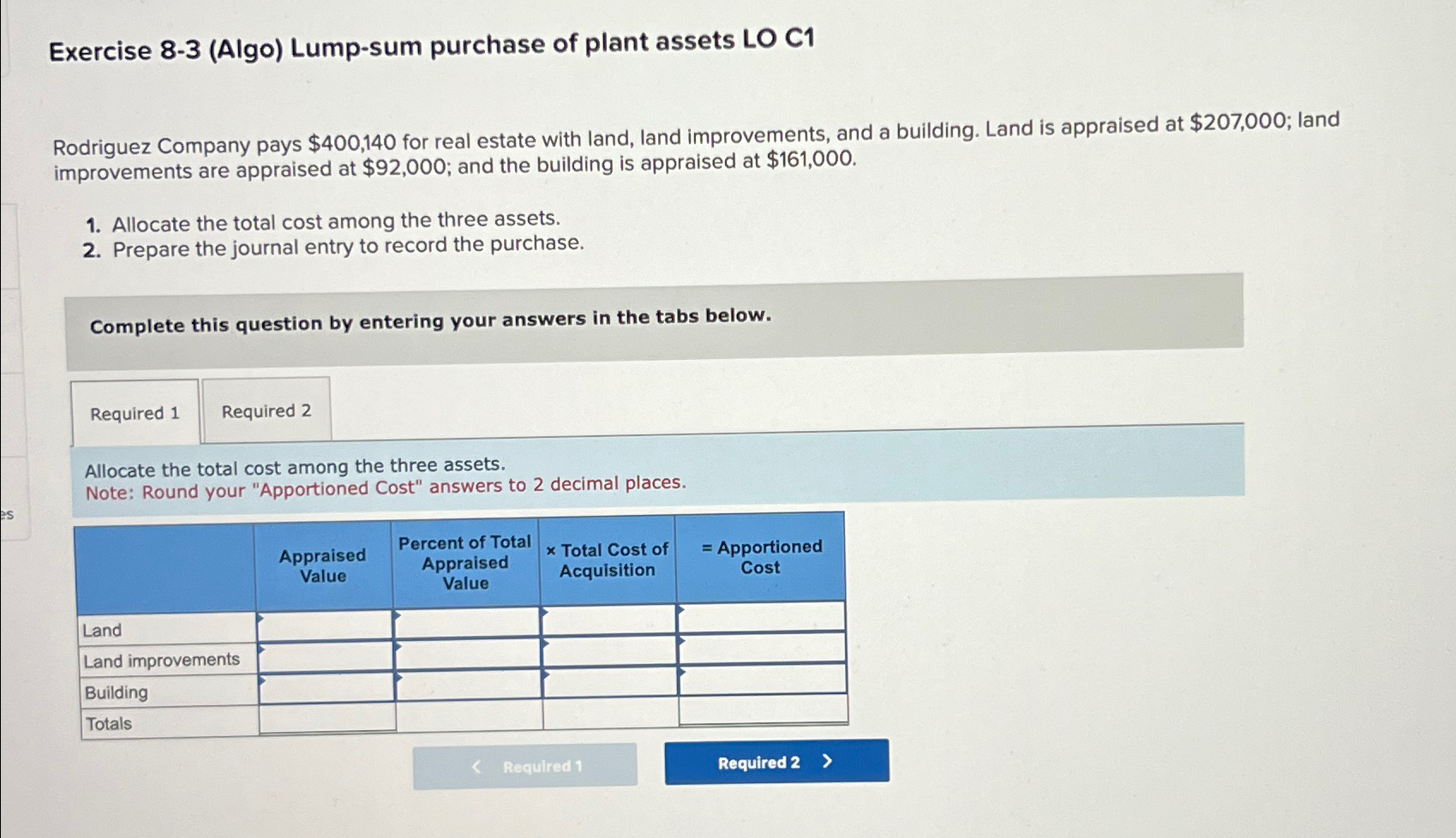  Exercise 8-3(Algo) Lump-sum purchase of plant assets LO C1 Rodriguez Company