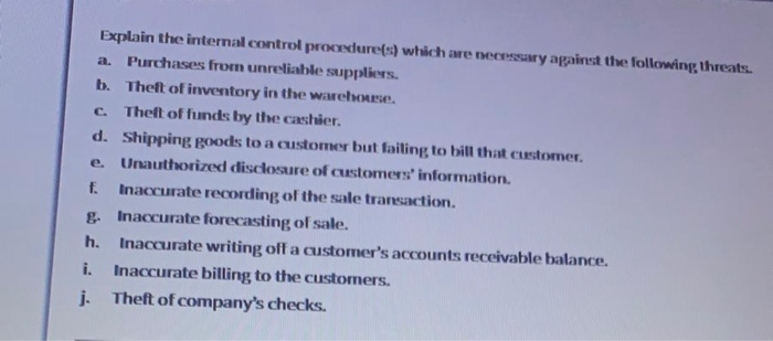  Explain the internal control procedure(s) which are necessary against the following