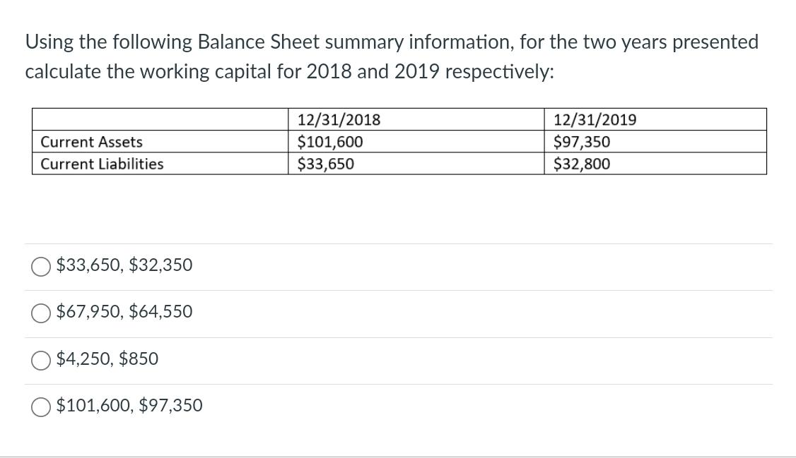  Using the following Balance Sheet summary information, for the two years