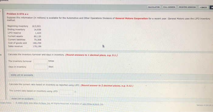  CALCULATOR FULL SCREEN PRINTER VERSION BACK N Problem 6-07A a-c Suppose