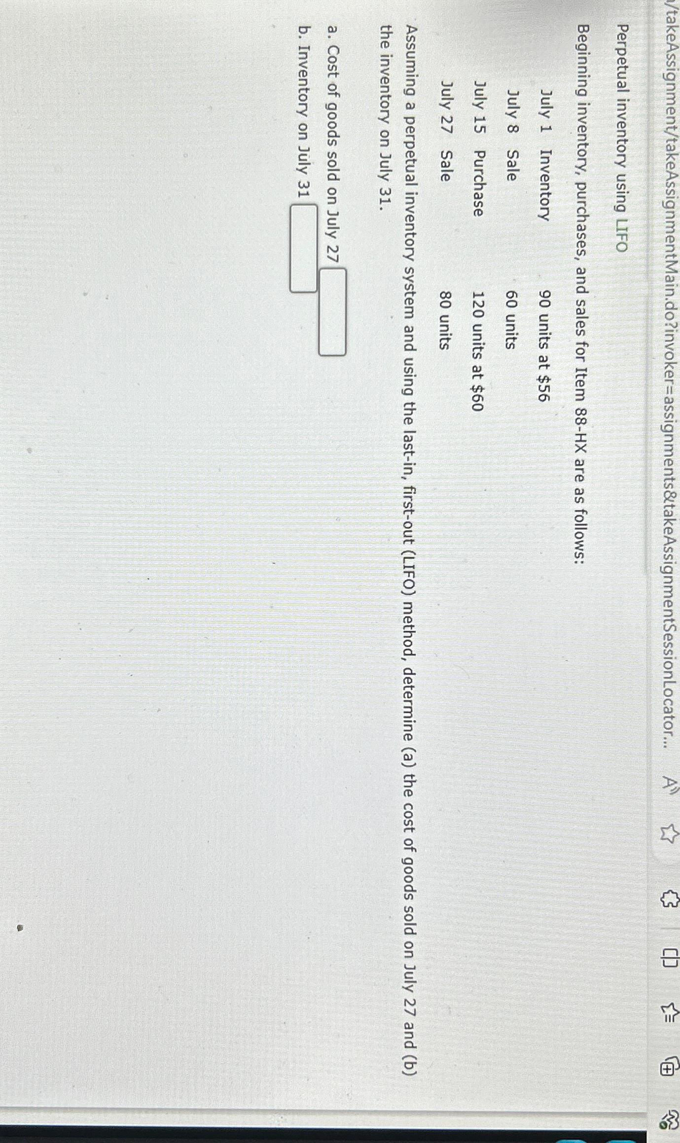  //takeAssignment/takeAssignmentMain.do?invoker=assignments&takeAssignmentSessionLocator... Perpetual inventory using LIFO Beginning inventory, purchases, and sales for