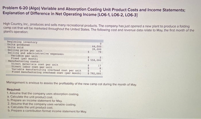 Problem 6-20 (Algo) Variable and Absorption Costing Unit Product Costs and