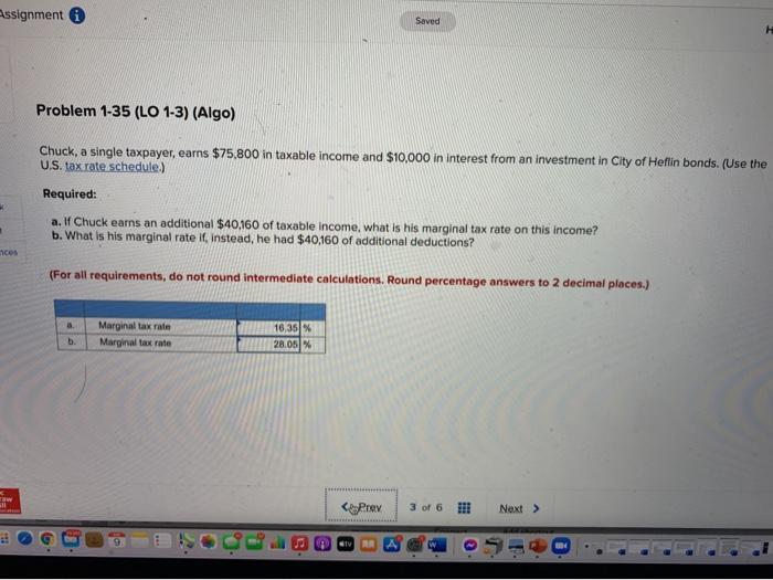  Assignment Saved Problem 1-35 (LO 1-3) (Algo) Chuck, a single taxpayer,
