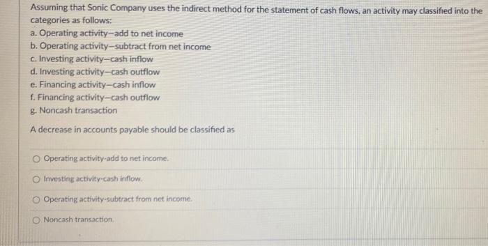  Assuming that Sonic Company uses the indirect method for the statement