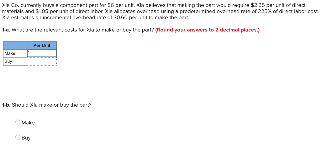 Xia Co. currently buys a component part for $6 per unit.
