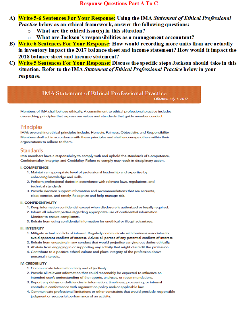 Response Questions Part A To C A) Write 5-6 Sentences For