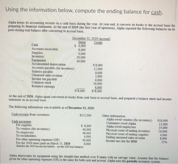  Using the information below, compute the ending balance for cash. Alpha