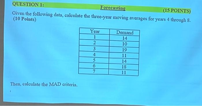  QUESTION 1: Forecasting (15 POINTS) Given the following data, calculate the
