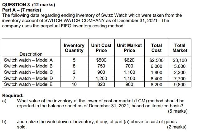 QUESTION 3 (12 marks) Part A-(7 marks) The following data regarding