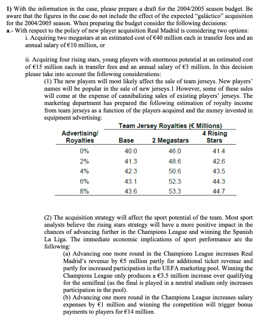  1) With the information in the case, please prepare a draft