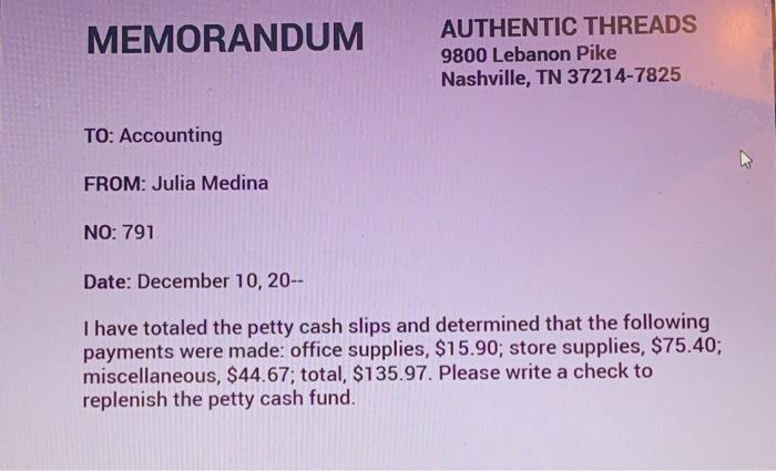 where do I post this transaction? MEMORANDUM AUTHENTIC THREADS 9800 Lebanon Pike