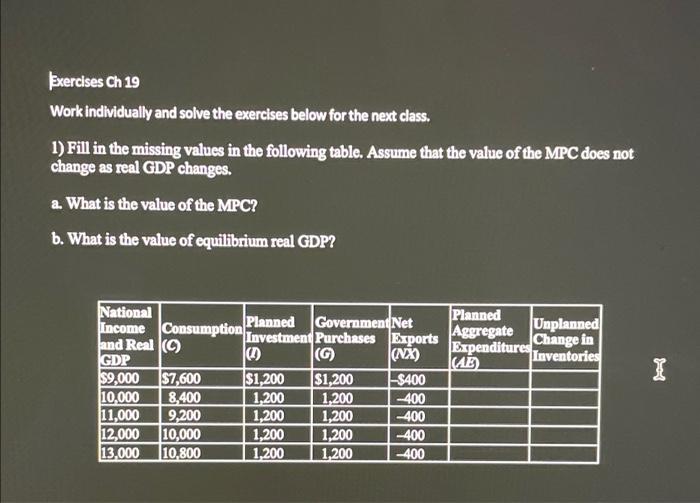  Exercises Ch 19 Work individually and solve the exercises below for