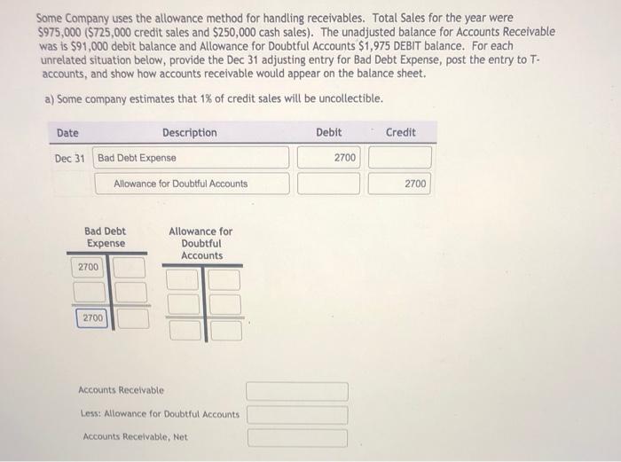  Some Company uses the allowance method for handling receivables. Total Sales