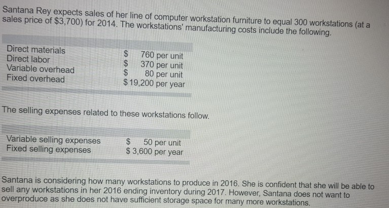 I need help with my assignment please Santana Rey expects sales of