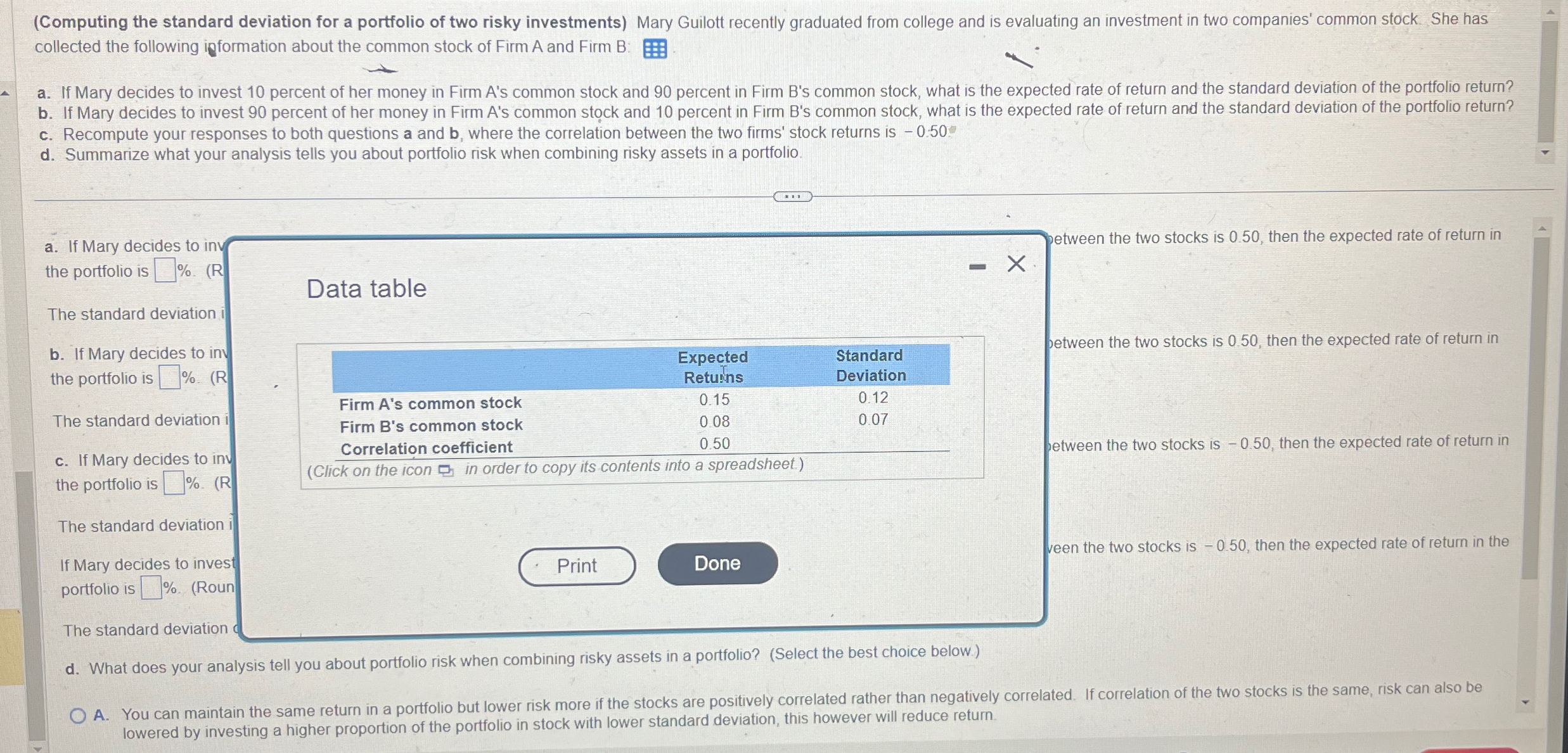  (Computing the standard deviation for a portfolio of two risky investments)