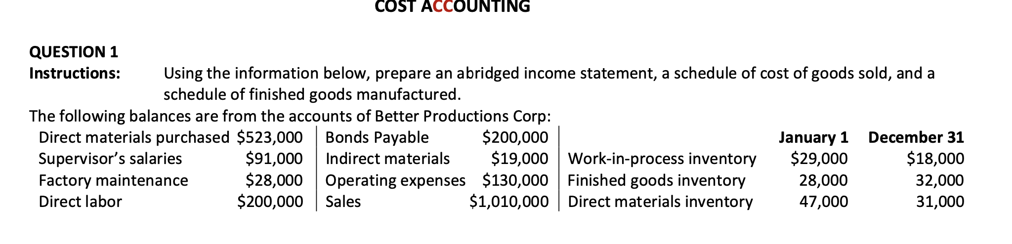  QUESTION 1 Instructions: Using the information below, prepare an abridged income