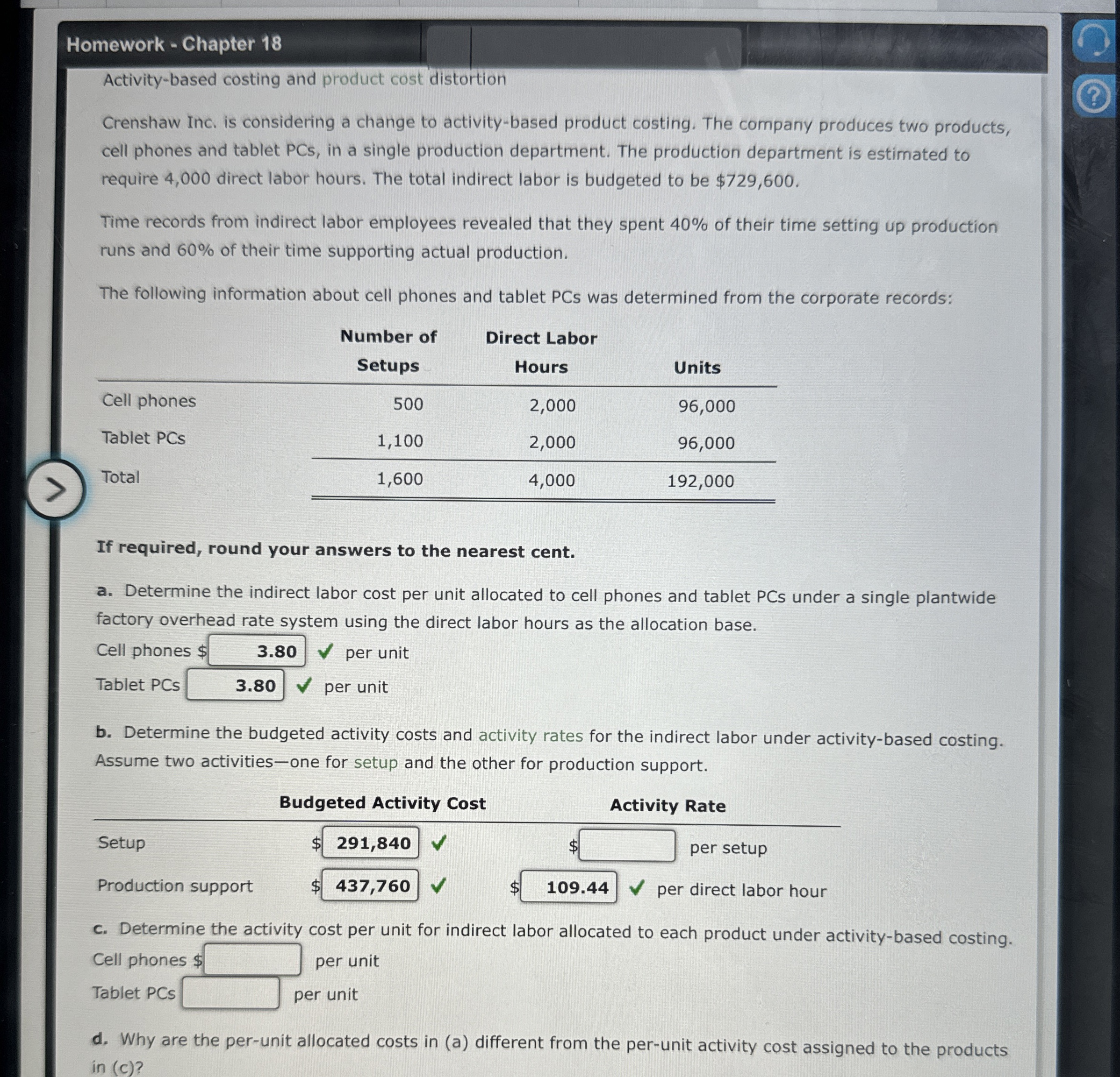  Homework - Chapter 18 Activity-based costing and product cost distortion Crenshaw