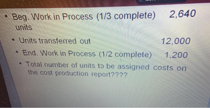  2,640 Beg. Work in Process (1/3 complete) units Units transferred out