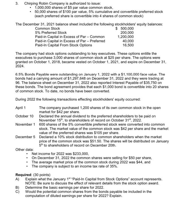 full question given. 3. Chirping Robin Company is authorized to issue: -
