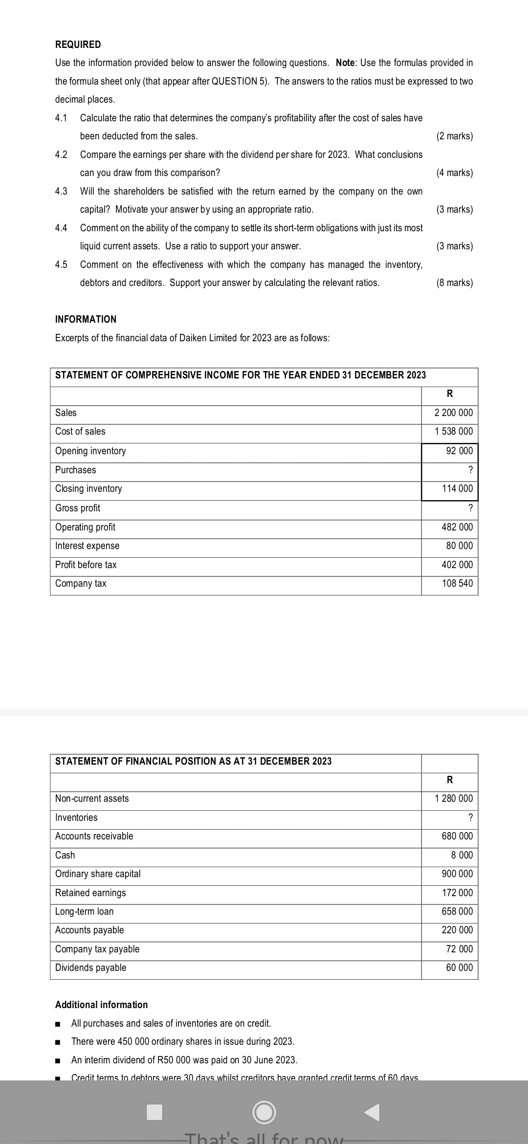  REQUIRED Use the information provided below to answer the following questions.