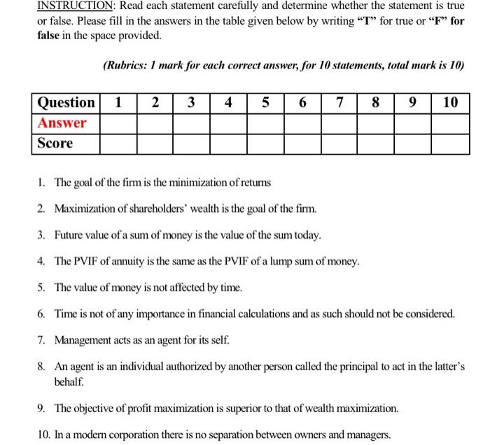  INSTRUCTION: Read each statement carefully and determine whether the statement is