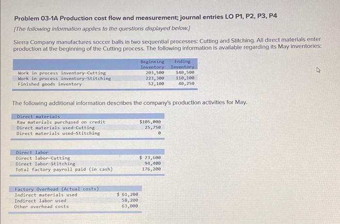 please add the amounts too Problem 03-1A Production cost flow and measurement;