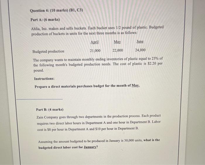  Question 4: (10 marks) (B1, C3) Part A: (6 marks) Ahlia,