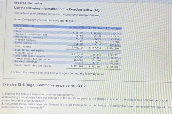 help please Required information Use the following information for the Exercises below.