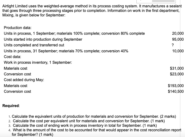 Airtight Limited uses the weighted-average method in its process costing system.