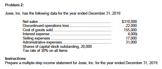  Problem 2: Josie, Inc. has the following data for the year