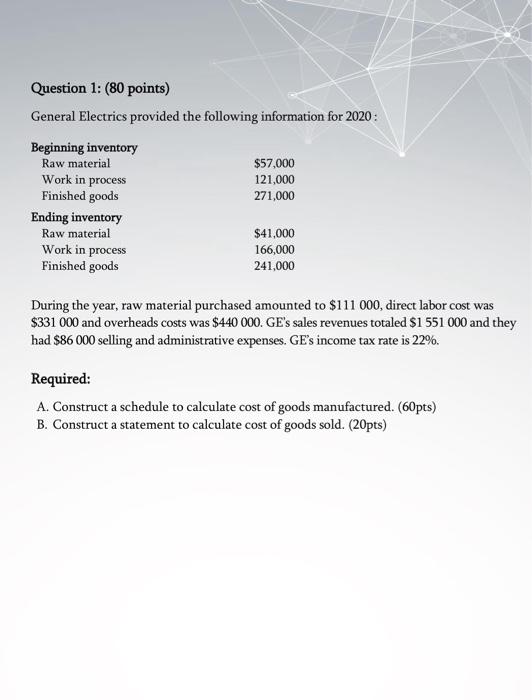  Question 1: (80 points) General Electrics provided the following information for