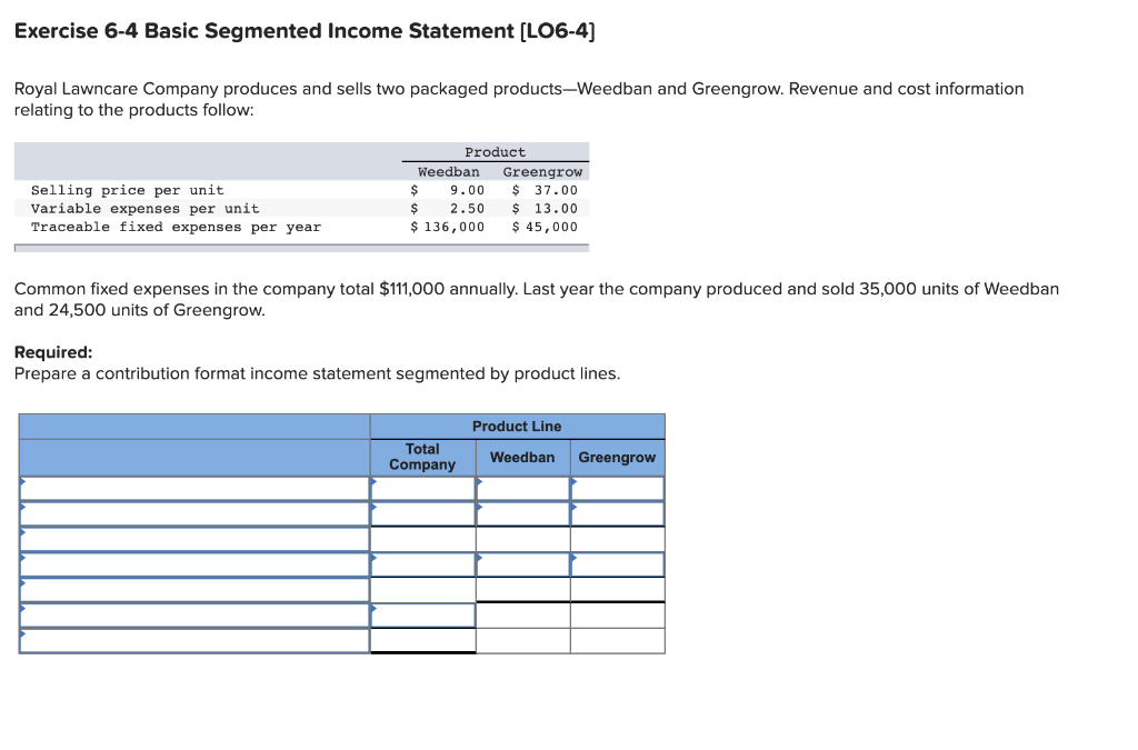 Exercise 6-4 Basic Segmented Income Statement (LO6-4) Royal Lawncare Company produces