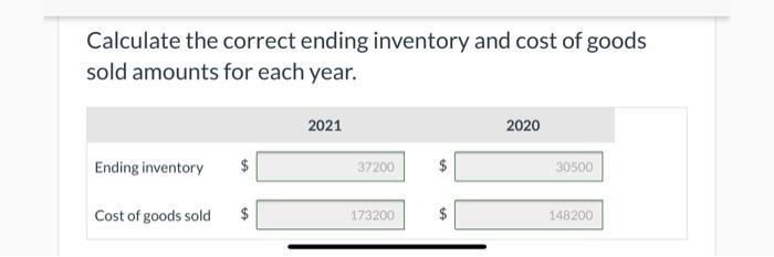 Inventory: 2021 2020 $ 168,200 $ 153,200 Cost of goods sold Ending