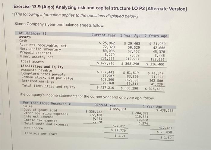  Exercise 13-9 (Algo) Analyzing risk and capital structure LO P3 (Alternate